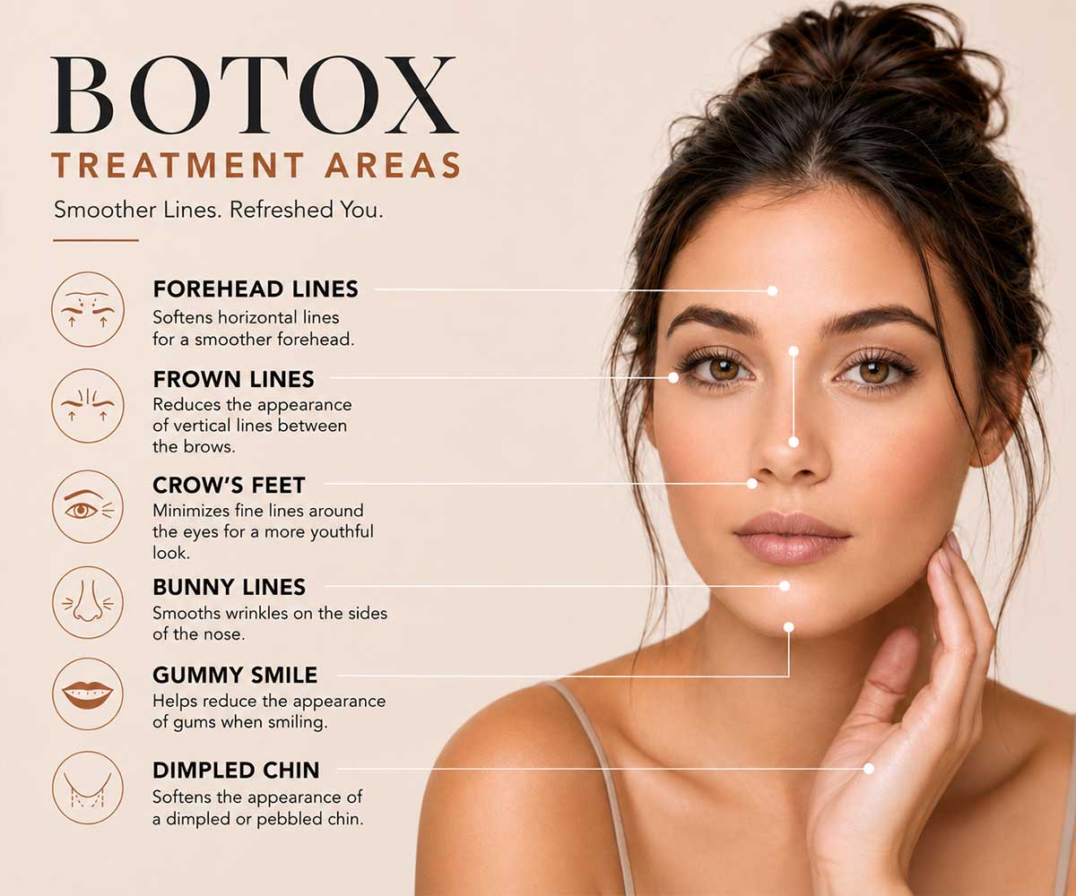 Common facial treatment areas for wrinkle-relaxing injections